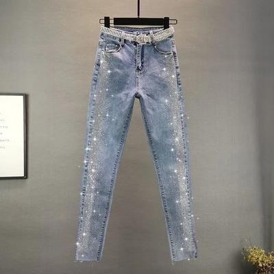 Women Spring Autumn Streetwear Pencil Pants Vintage Slim Diamonds High Waisted Ankle-length Jeans Casual Denim Trousers