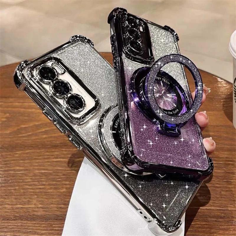 Luxury Glitter Magsafe Magnetic Ring Stand Case for Samsung Galaxy S24 S23 S25 Ultra A55 A35 A25 A15 A05S A71 A54 A53 A52 Cover