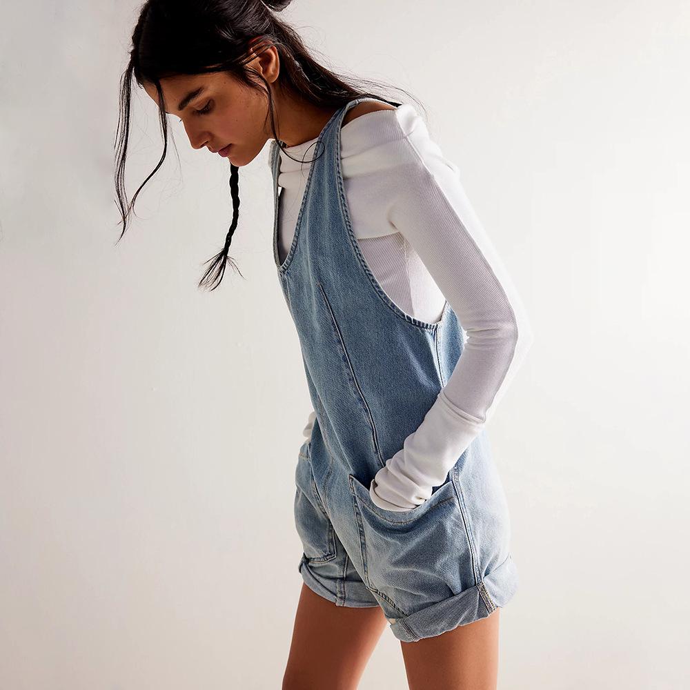 2024 Sommer Europäischer & Amerikanischer Stil Tasche Träger Waschen Denim Overall Shorts