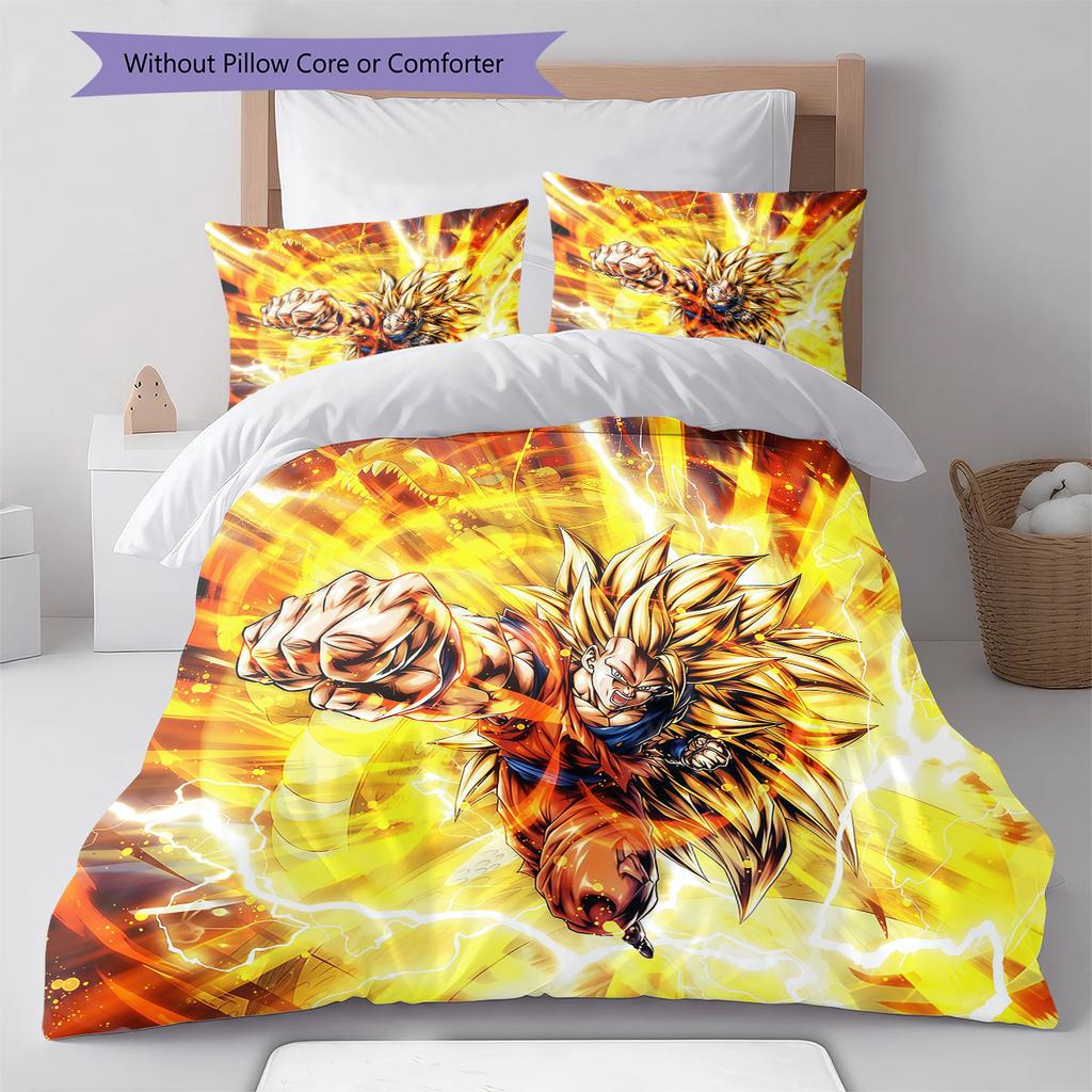 Ropa de cama con estampado de Son Goku, Juego de colcha, Funda de colcha, Funda de almohada, Regalo de cumpleaños para el hogar (1 * funda nórdica + 2 * fundas de almohada, sin núcleo)