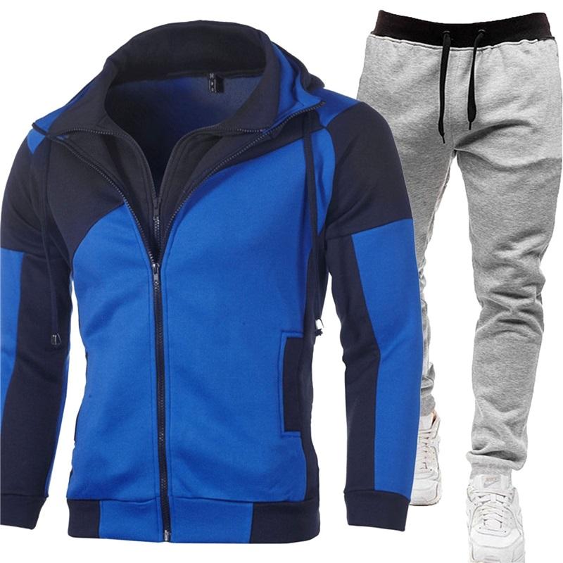 Men's Tracksuit 2Pcs Set Patchwork Color Hooded Jacket  Sweatpants Casual Sportswear Zipper Hoodie Jogger Pants For Men Daily Running Training