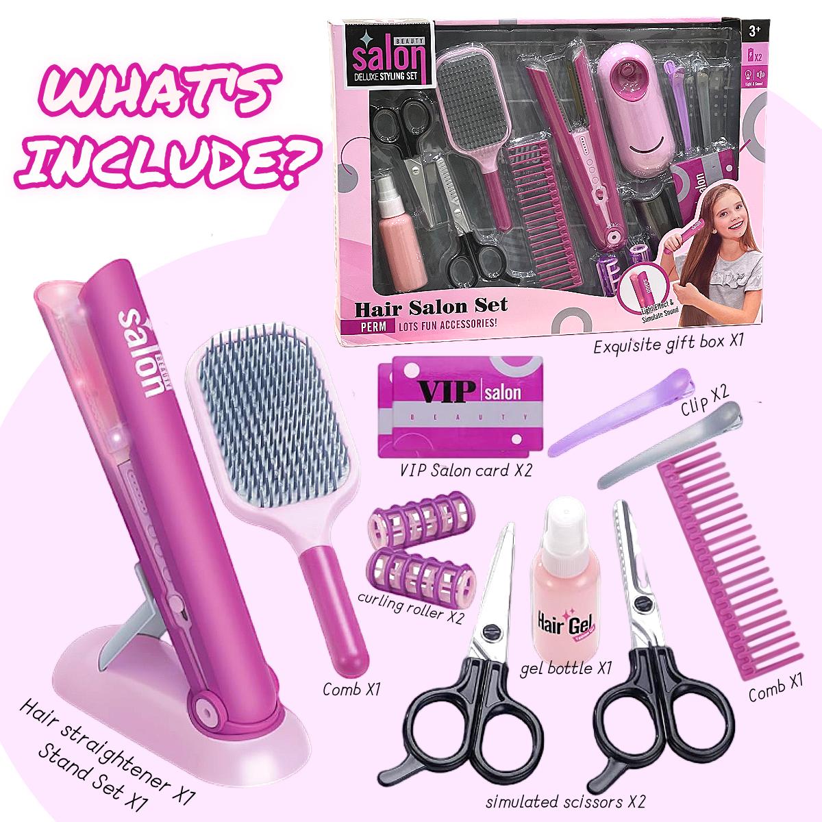

14 Pcs Toddler Girls Beauty Salon Playset Pretend Play Hair Kit with Straightener & Styling Accessories, Christmas Birthday Gift