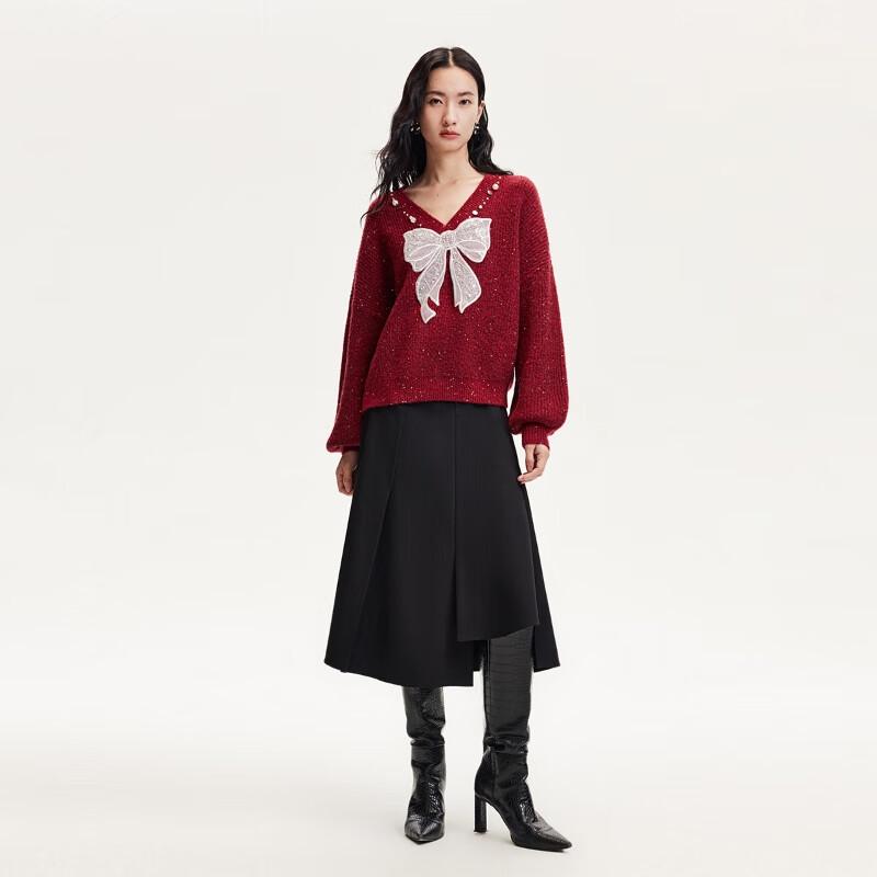 Veromoda Women's Loose Fit V-Neck Wool Blend Knit Sweater with Bow-Knot & Sequins