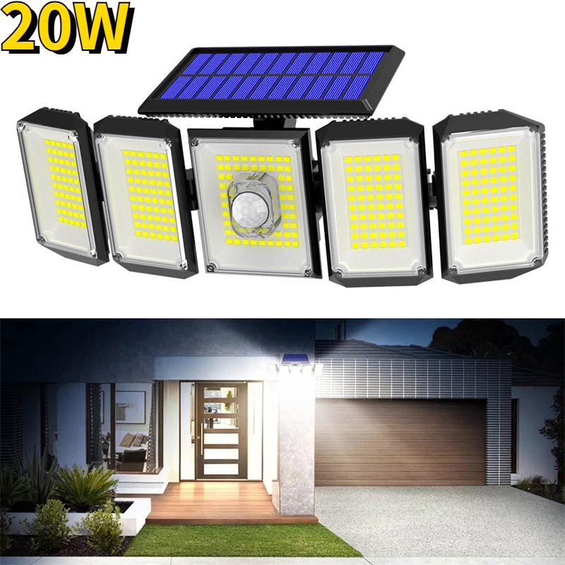 

20W Solar Motion Sensor Lights Outdoor 5 Heads 300 LED Solar Street Lamp Waterproof 360° Adjustable Wide Angle Solar Security Lights