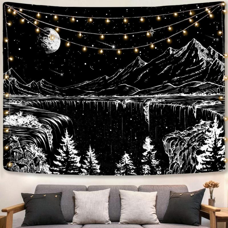 VIKAMA Black And White Starry Night Mountain Tapestry Bedroom Aesthetic Moon Tapestry Dark Natural Forest Wall Hanging