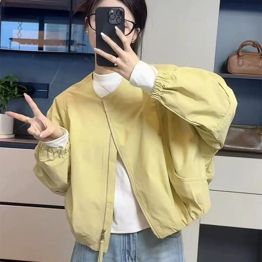 

Women s Spring/Fall Crew Neck Baseball Jacket Casual Oversized Short Jacket for Petite Frames XS жёлтый