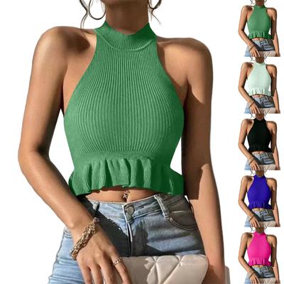 Women's Ruffled Knit  Top Sexy Sleeveless Short Top