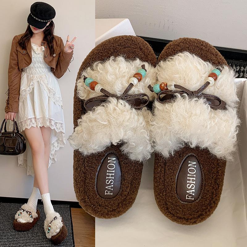 Korejské dámské pantofle s tlustou podrážkou a chlupatým svrškem pro nošení 2025 nové podzimní a zimní bavlněné pantofle s měkkou podrážkou a barevným provedením