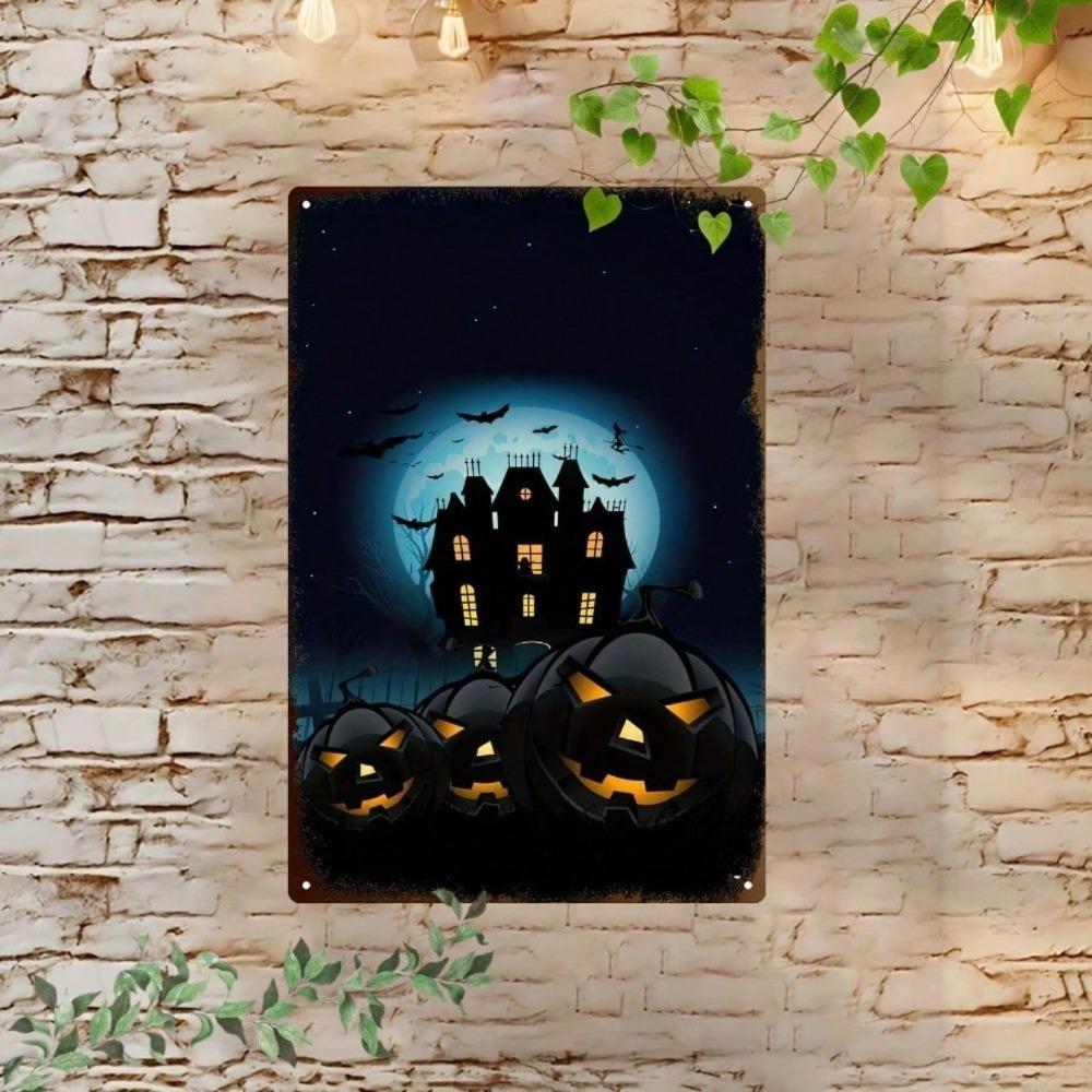 Halloween 2D Flat Metal Sign, Castle Pumpkin Pattern 8x12 Inch Waterproof Wall Art, Vintage Hanging Decor Indoor Outdoor