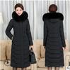 Women's Hooded Long Puffer Jacket Faux Fur Collar Chevron Quilted Zip Up Winter Warm Coat