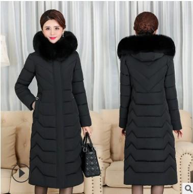 Women's Hooded Long Puffer Jacket Faux Fur Collar Chevron Quilted Zip Up Winter Warm Coat