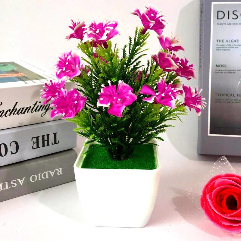 Plastic Lily Cherry Blossom Rose Flowers Potted Plant For Decor Home