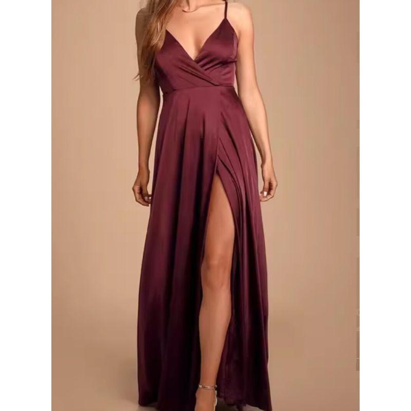 Export Single Lu Home Plaid Satin V-neck Brace Open Back Elegance Ladies Split Party Dress Evening Dress