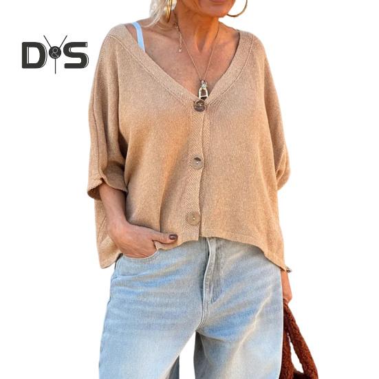 Damen-Oberteile, V-Ausschnitt, halbe Ärmel, Knopfleiste, Hemdoberteile, lockere Passform, einfarbig, lässiges Strickoberteil für den Sommer