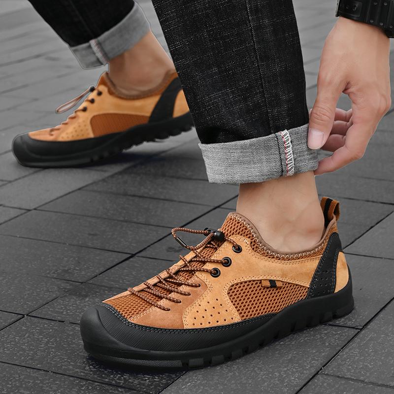 Summer New Elastic Band Outdoor Mesh Shoes Genuine Leather Men Casual Shoes Outdoor Mens Sneakers Male Comfortable Walking Shoes