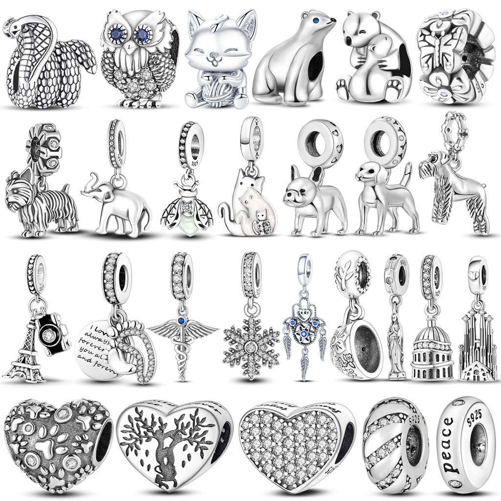 Inlaid Zircon Charm Beads S925 Sterling Silver Color Love Heart Snake Dangle Fit Original Bracelet Charms Pendant Jewelry