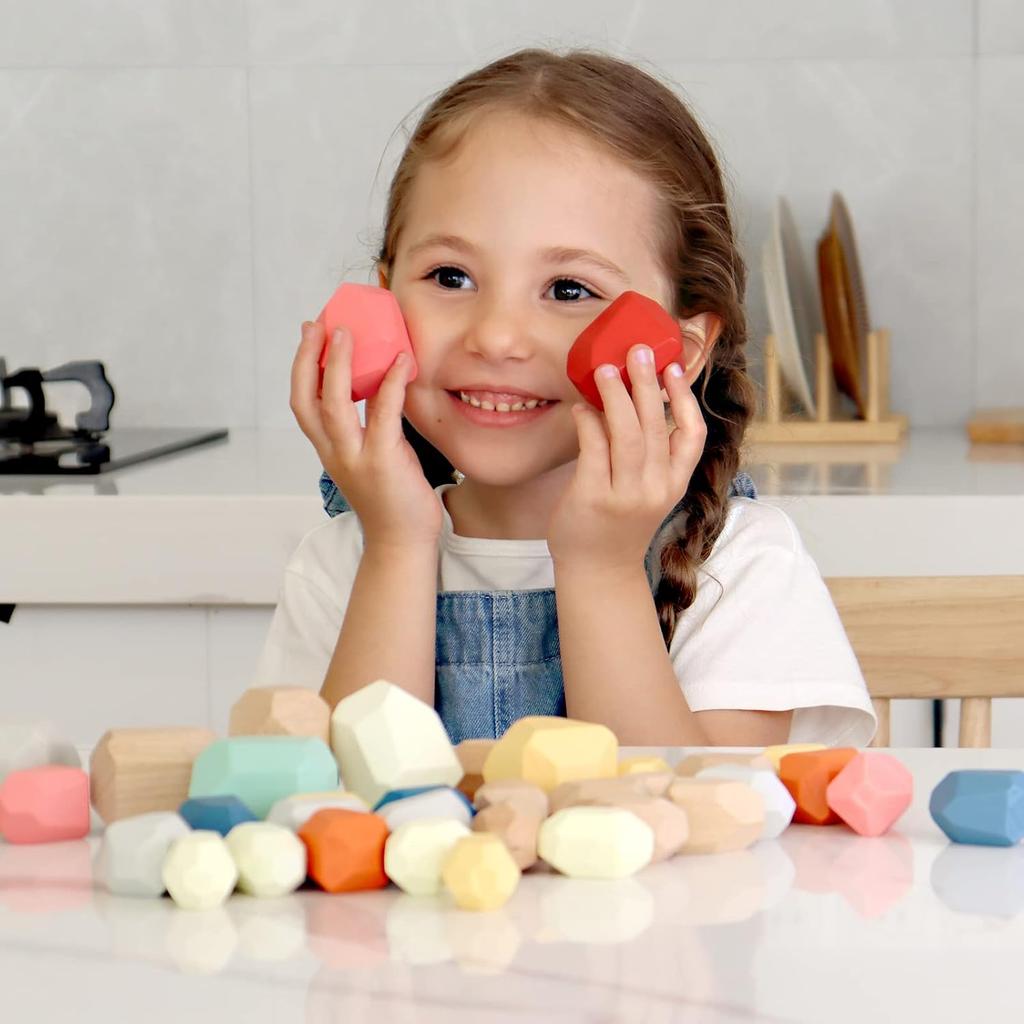 36 PZ Rocce di Legno Montessori da Ordinare e Impilare, Giocattoli Sensoriali per l'Apprendimento dei Bambini Piccoli, Gioco di Costruzioni per il Compleanno dei Bambini