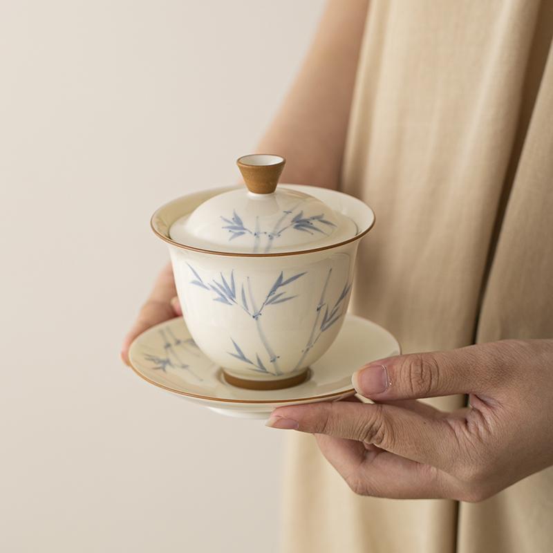 125ml Hand-painted Persimmon Bamboo Cover Bowl Household Anti Scald Gaiwan Handmade Tea Tureen Tea Making Tea Cup Tea Items Orna