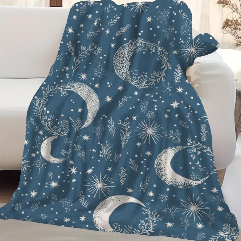 1Pc Cozy Blue Starry Night Blanket With Moon And Floral Design - 60X80 Inch, Soft Single-Sided Print, Perfect For Sofa, Chair,