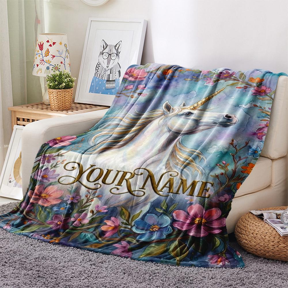 1PC Custom Name Unicorn Flower Patterned Flannel Blanket Suitable For All Seasons for Home Decor Warmth and Comfort Gifts Holiday Present_xia