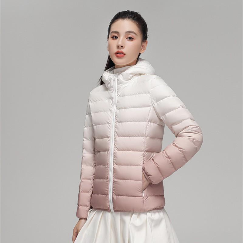 Womens Lightweight Down Jacket Winter Hooded Stand Collar Gradient Color Plus Size 90% White Duck