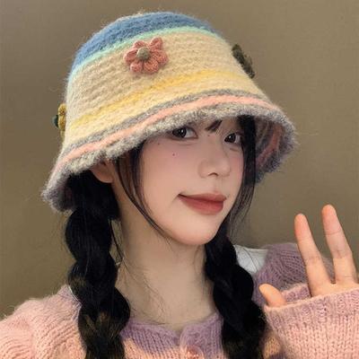 Sweet Flower Knitted Bucket Hat Women's Autumn and Winter Washbasin Hat Big Head Circumference Wool Hat Tide