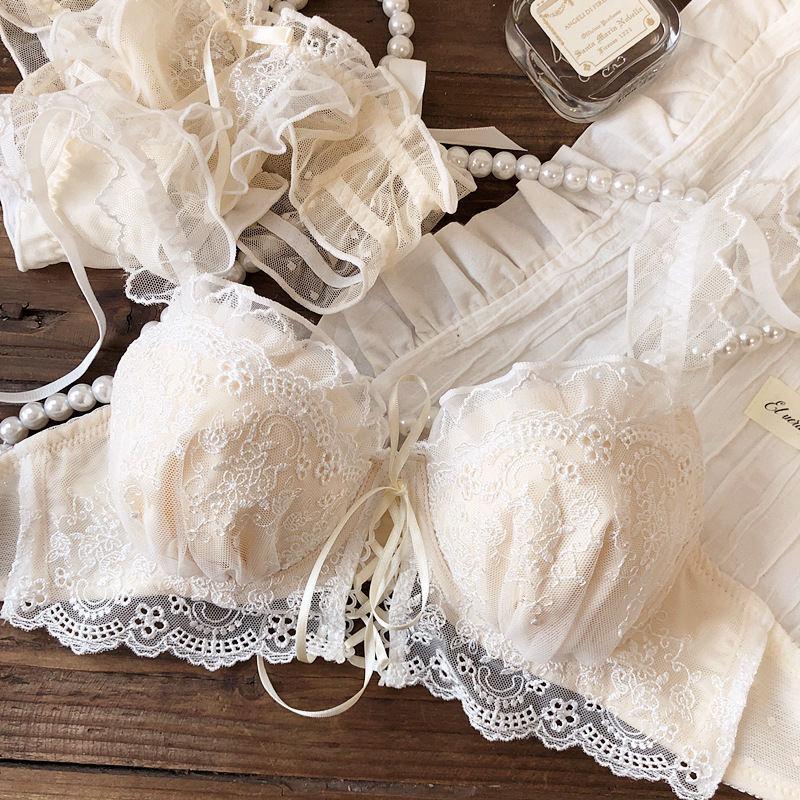 Japanese Sweet Girly Wireless Bra Set, Push Up Anti-Sag Corrective Small Bust Teen Girls Lingerie Set
