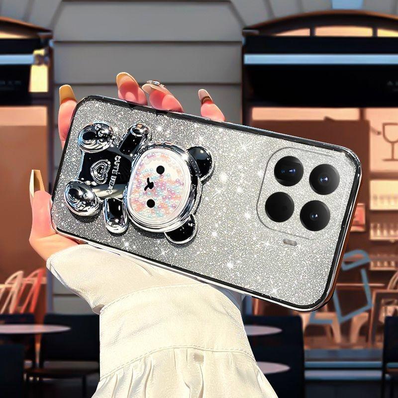 For Xiaomi 17T Pro Case with Gradient 3D Bear Folding Stand Bracket Luxury Slim Plating Glitter Girls for Xiaomi 17T Back Cover