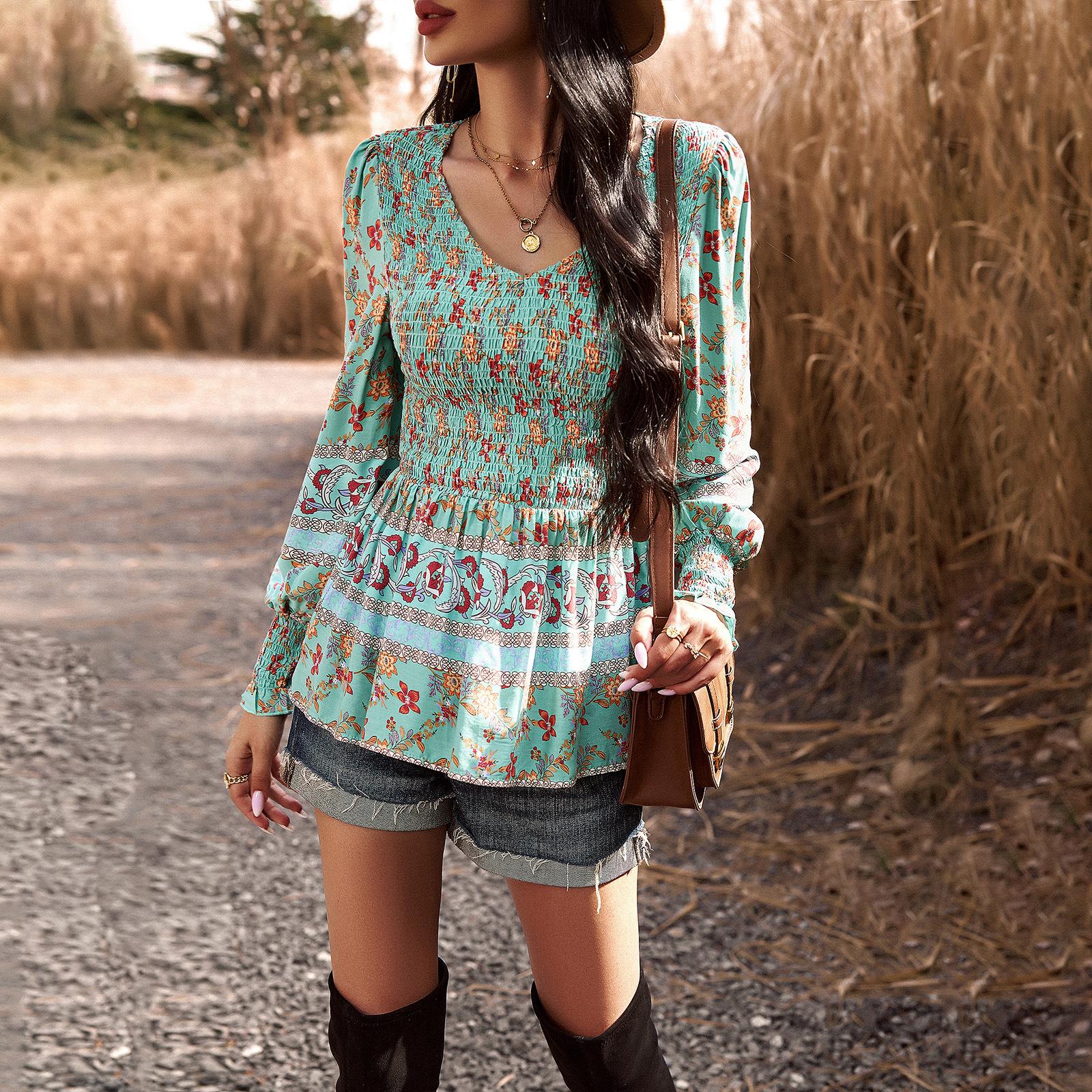 

Весенне-осенняя женская блузка, темпераментный повседневный топ с v-образным вырезом и длинными рукавами с принтом XL