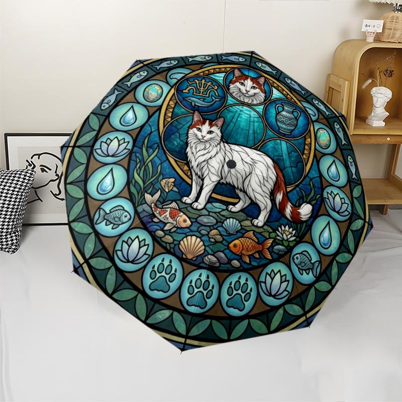 Aquatic Cat Mandala Pattern Umbrella, Portable and Foldable Design, 8 Ribs, a Casual Accessory for Halloween, Christmas, and Birthday Gifts.