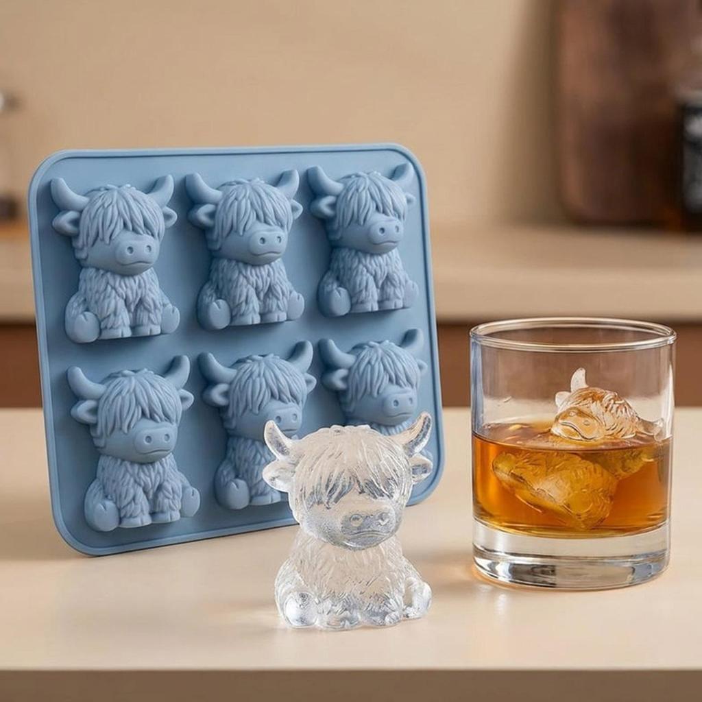 6-Cavity Cute Highland Cow Silicone Ice Cubes Mold Animal-Shaped Ice Tray for Whiskey Food Grade Perfect for Home Bar Supplies