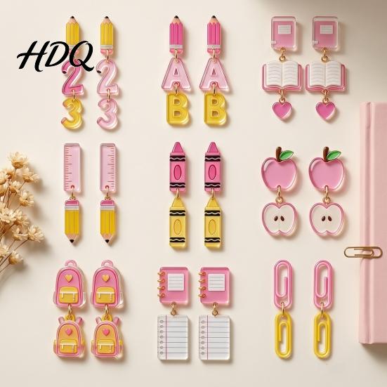 Youthful Look Fashion Accessories 1 Pair Teacher Earrings for Women Cute 2D Acrylic Crayon Pencil Backpack Stationery Themed Jewelry Teachers Number