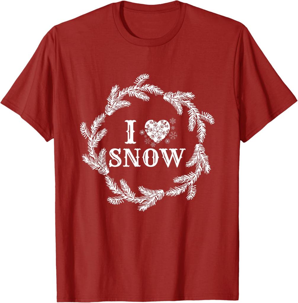 I Love Snow Wreath Winter Snowflake Graphic TShirt Casual Short Sleeve Tee