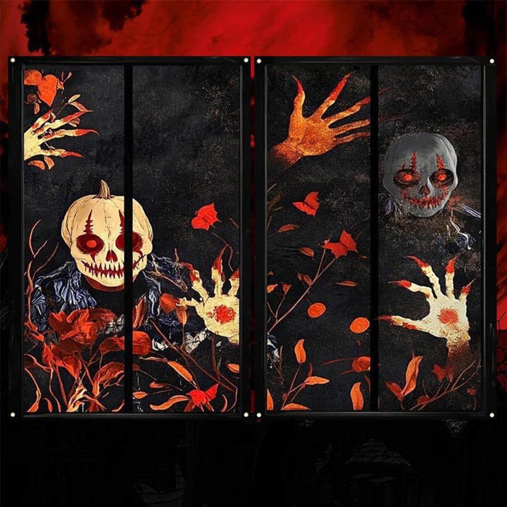 2 Pieces Halloween Window Decoration Curtain, Creepy Spooky with Rope Poster for