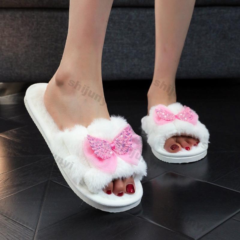 Fashion Women's Plush Slippers 2025 Autumn Winter Fashion Bow-knot Home Cotton Slippers Lightweight Comfortable Soft Sole Non Slip Flats