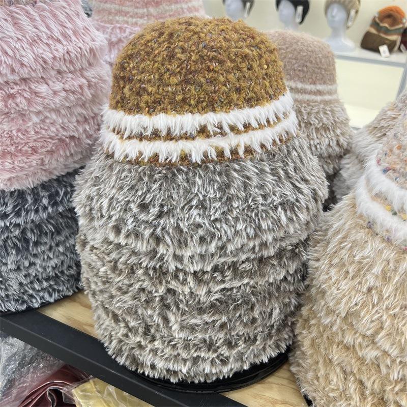 

Plush bucket hat women s autumn and winter versatile face small European bucket hat thickened warm knitted basin hat winter M（56-58cm） верблюд