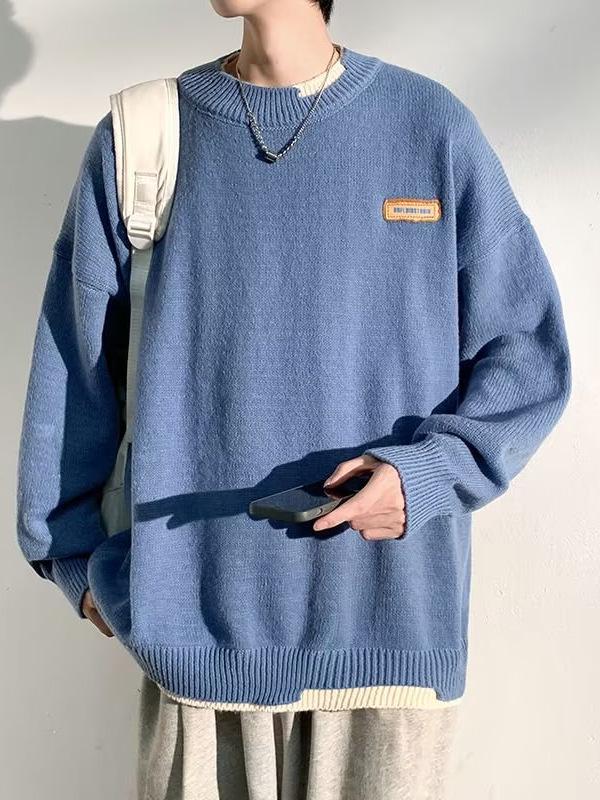 Hong Kong Style Men's Winter Fake Two-Piece Round Neck Sweater - Thick, Loose, Warm Knitwear