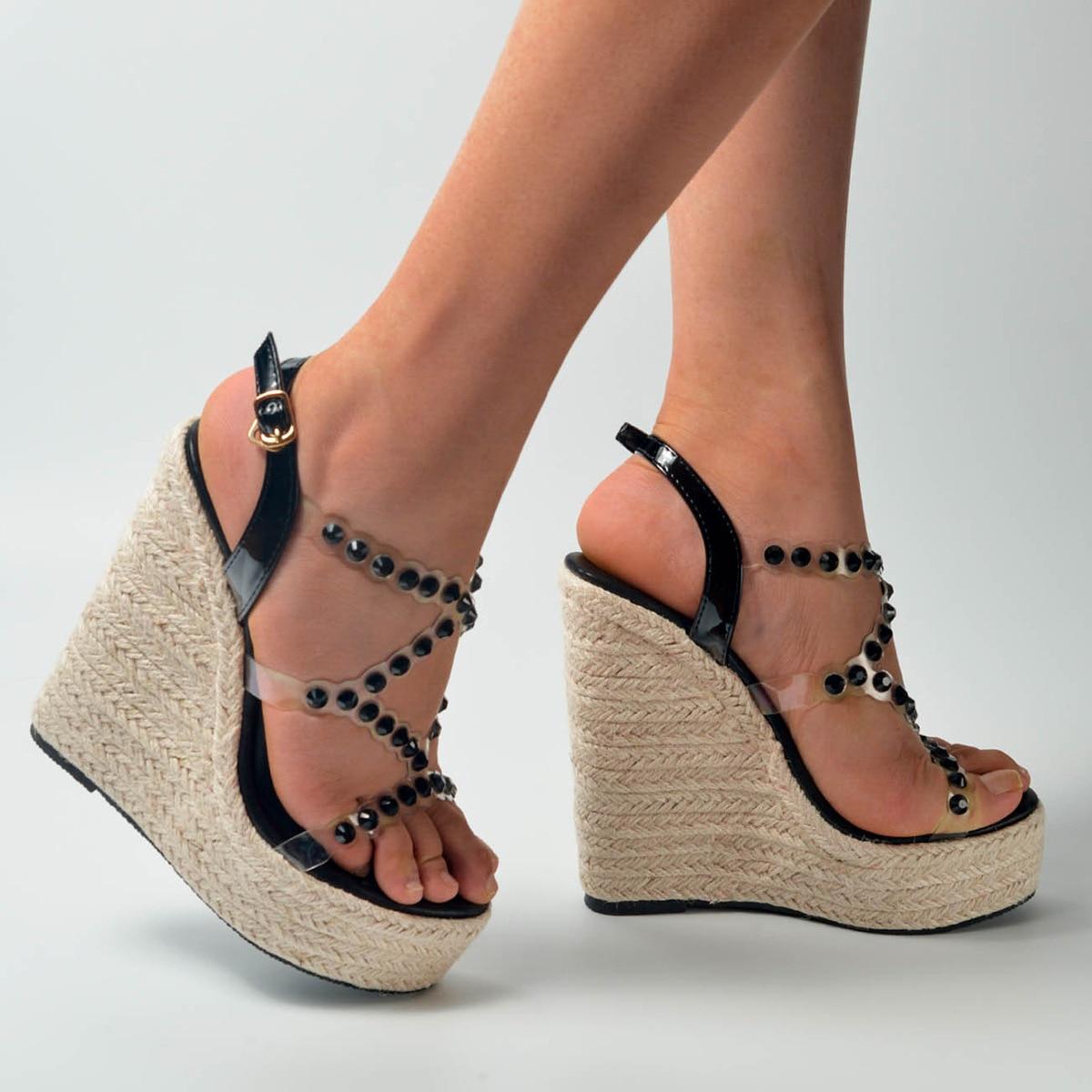 

Женская обувь, тканые повседневные элегантные соломенные босоножки на танкетке со стразами, серия 10363, каблук 15 см, платформа 5 см, LFD 34 чёрный