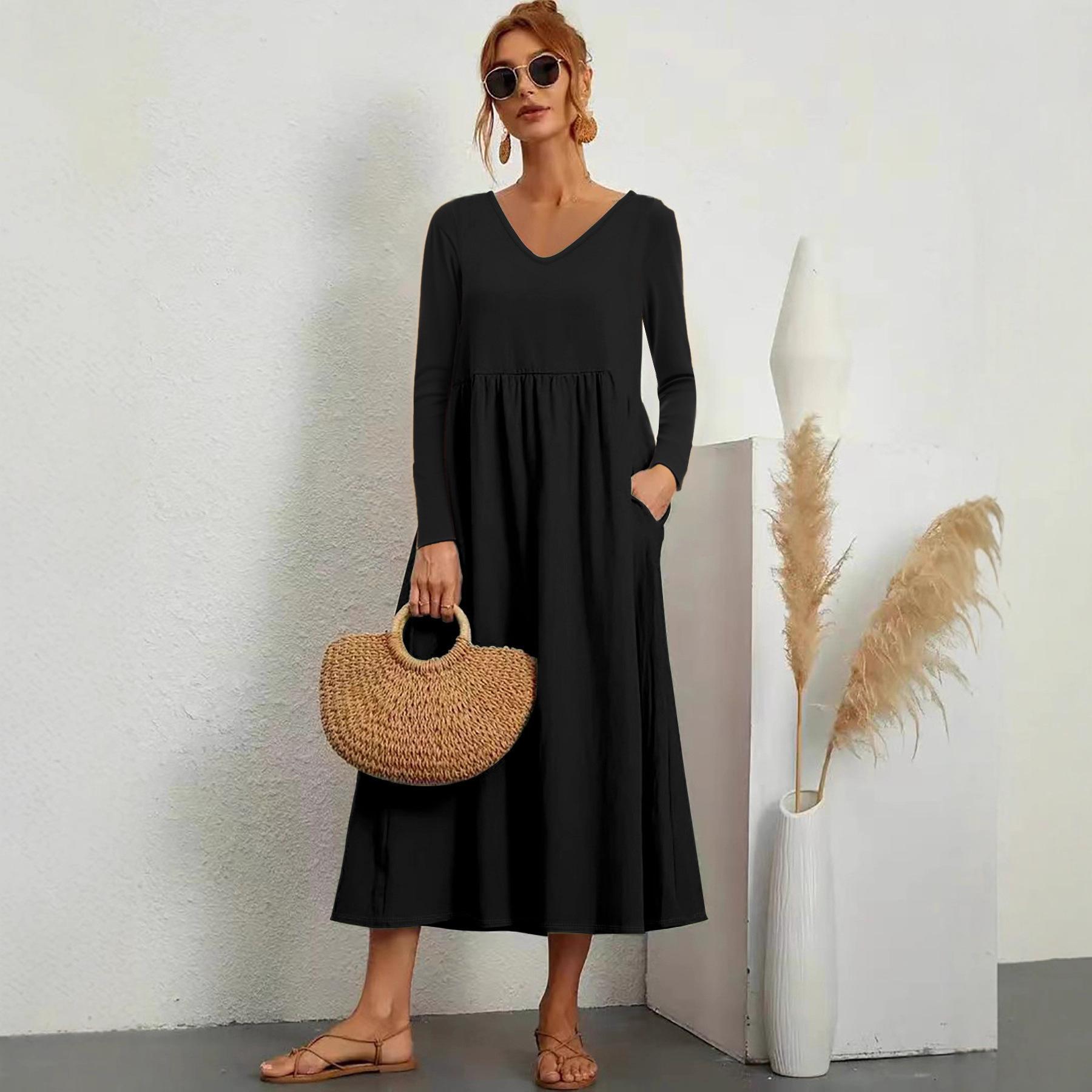 

Новое однотонное элегантное платье с V-образным вырезом, простое и универсальное, с длинными рукавами, для женщин на осень и зиму XXL чёрный