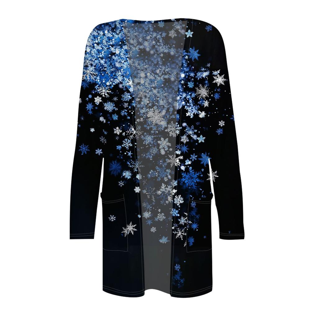 Women's Fashion Casual Christmas Printed Mid-Length Cardigan Long Sleeve Jacket