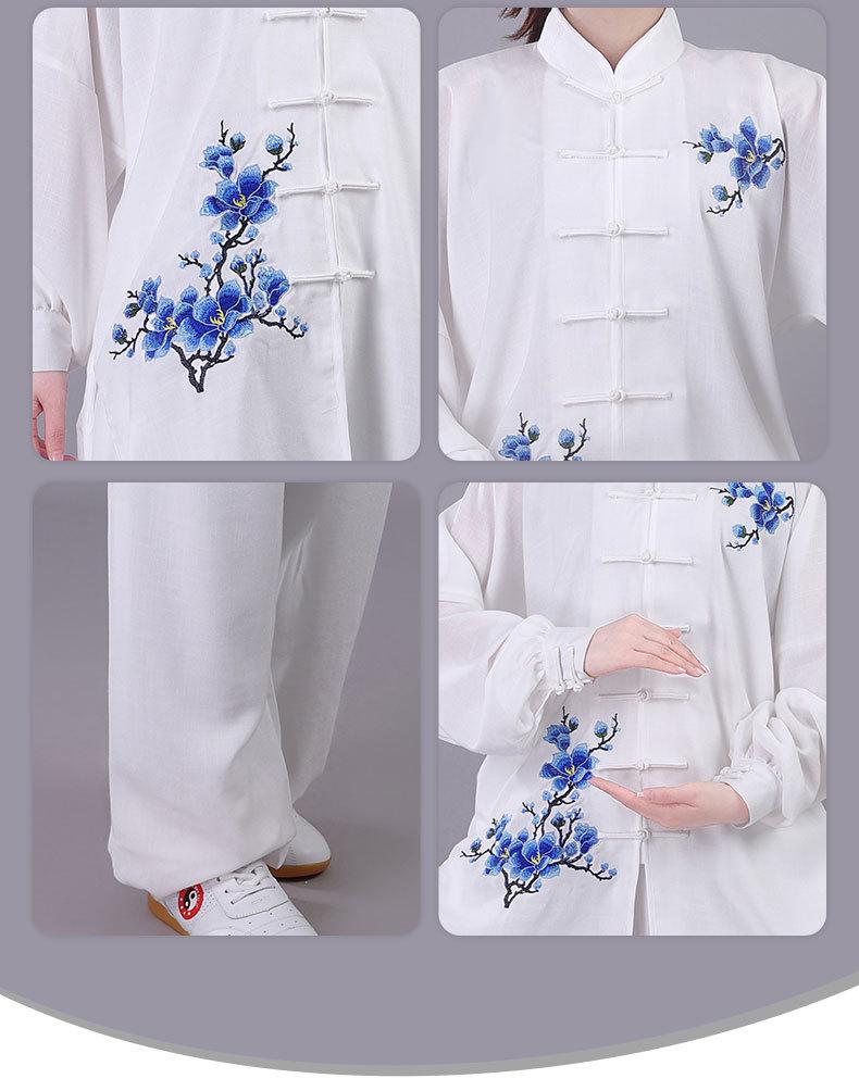 Damski Haftowany Garnitur Tai Chi - Wiosna/Jesień Płynna Bawełna Lniana, Długi Rękaw Kung Fu do Występów, Styl Chiński