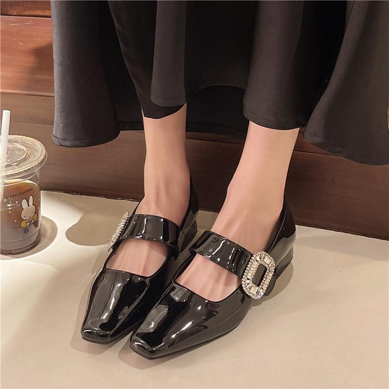 Fashion Shoes for Women New Style Square Head Rhinestone Square Buckle Flat Bottom Mary Jane Single Shoes Woman Pumps Zapatos De Mujer