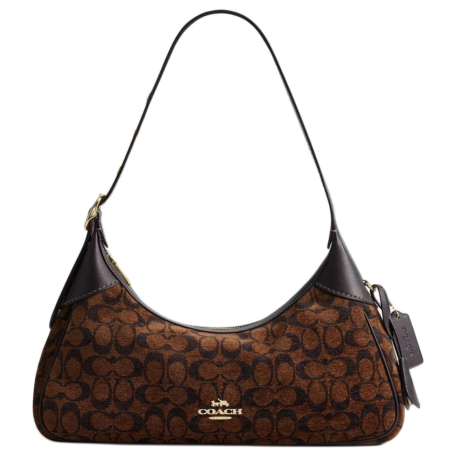 Coach Women's Ella 21 Classic Monogram Print Adjustable Shoulder Strap Signature Chenille Velvet Smooth Leather Shoulder Bag Small Cdv37-Ima7u