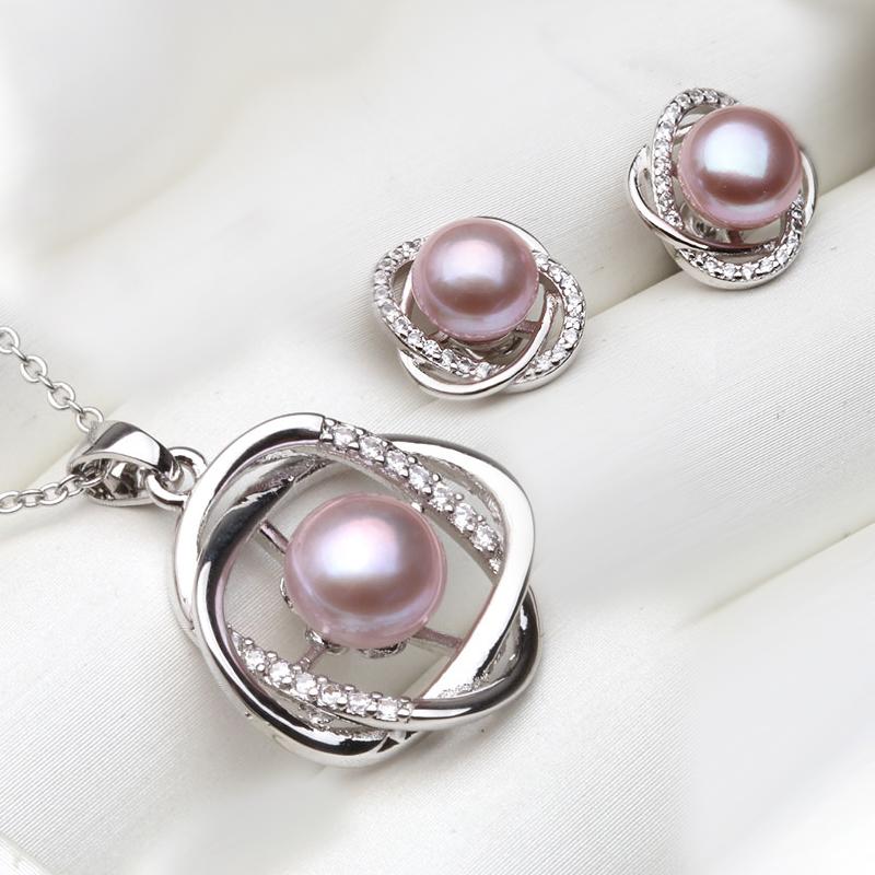 

Real 925 Silver Necklace Earring Sets Women,Classic Wedding Natural Pearl Pendant Sets White Black Grey Gift