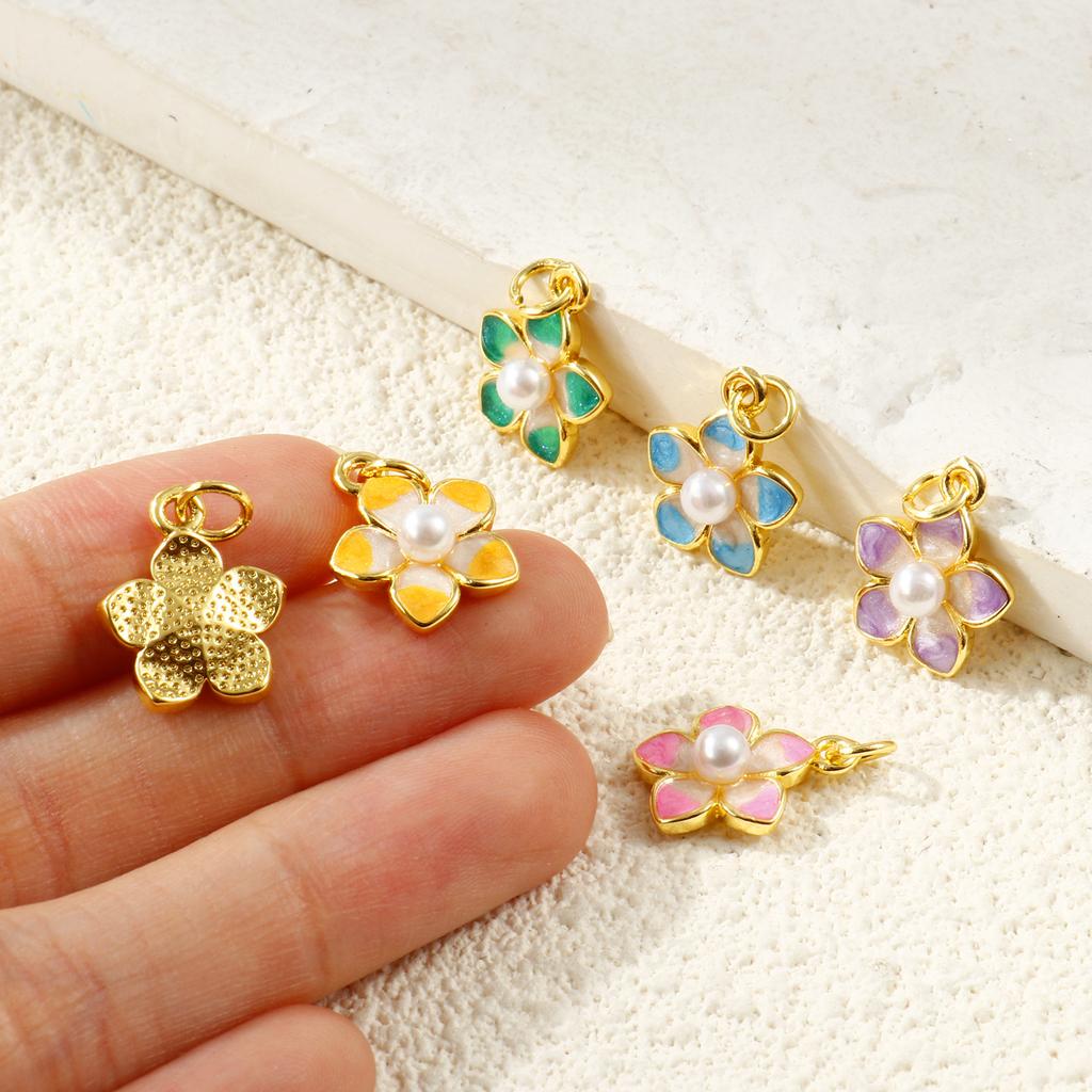 2Pcs Flower Charms Enamel Acrylic Imitation Pearl Brass 18K Gold Plated Pendants For DIY Necklace Jewelry Making 18mmx13mm