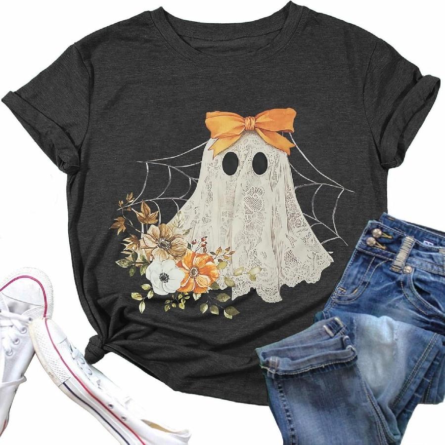 Halloween Shirts for Women Halloween Ghost T-Shirt Bow Ghost Graphic Tees Casual Spooky Season Tee Tops S