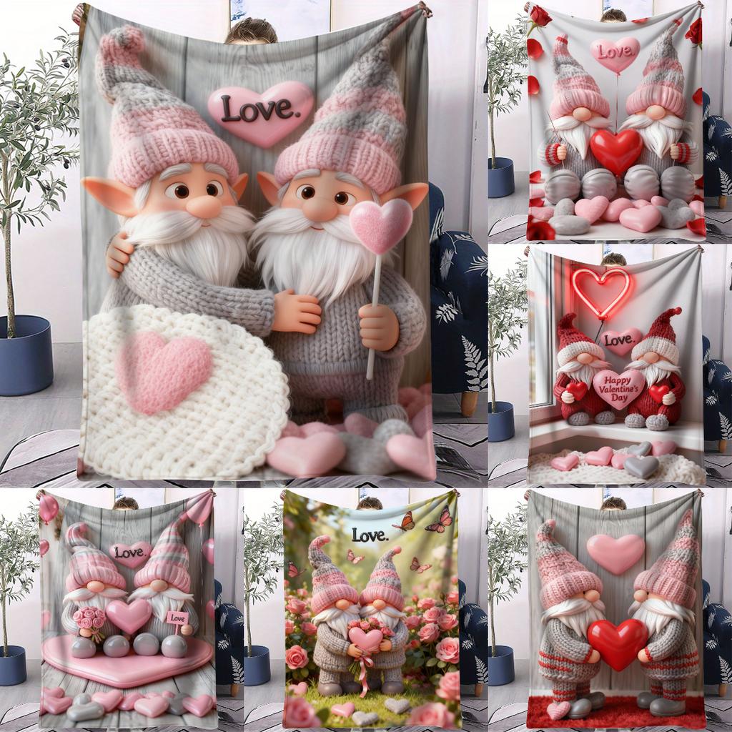 Cute Gnome Couple Flannel Blanket Heart Pattern Warm Throw Lightweight Cozy Cover for Living Room Christmas Valentine's Day Gift