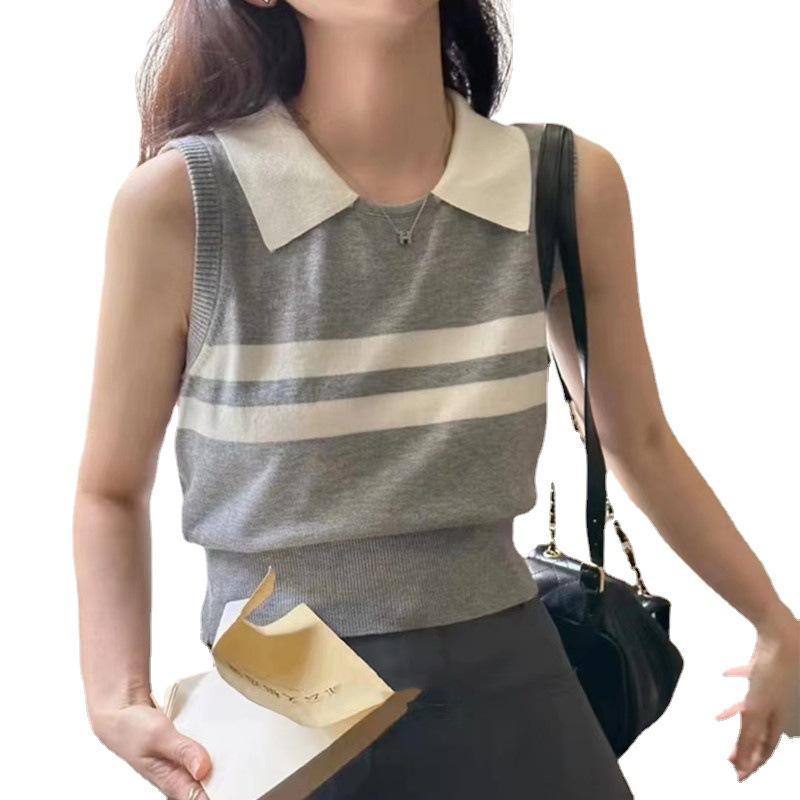 Summer New Korean Version of College Style Lapel Patchwork Color Vest Sleeveless Vest Wear Sweater Vest Women's Wear
