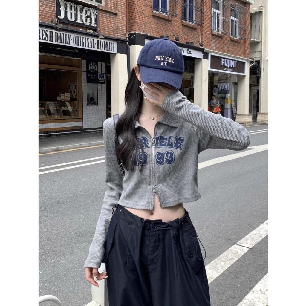 American Retro Hot Girl Double Zipper Cropped Top - Slim Fit Printed T-Shirt for Early Autumn