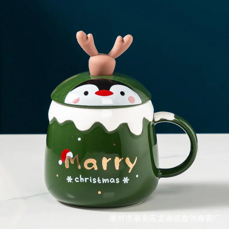 Creative Christmas Gift Ceramic Cup Cute Elk Mug Gift Water Cup with Lid Spoon Office Coffee Mug 400ml